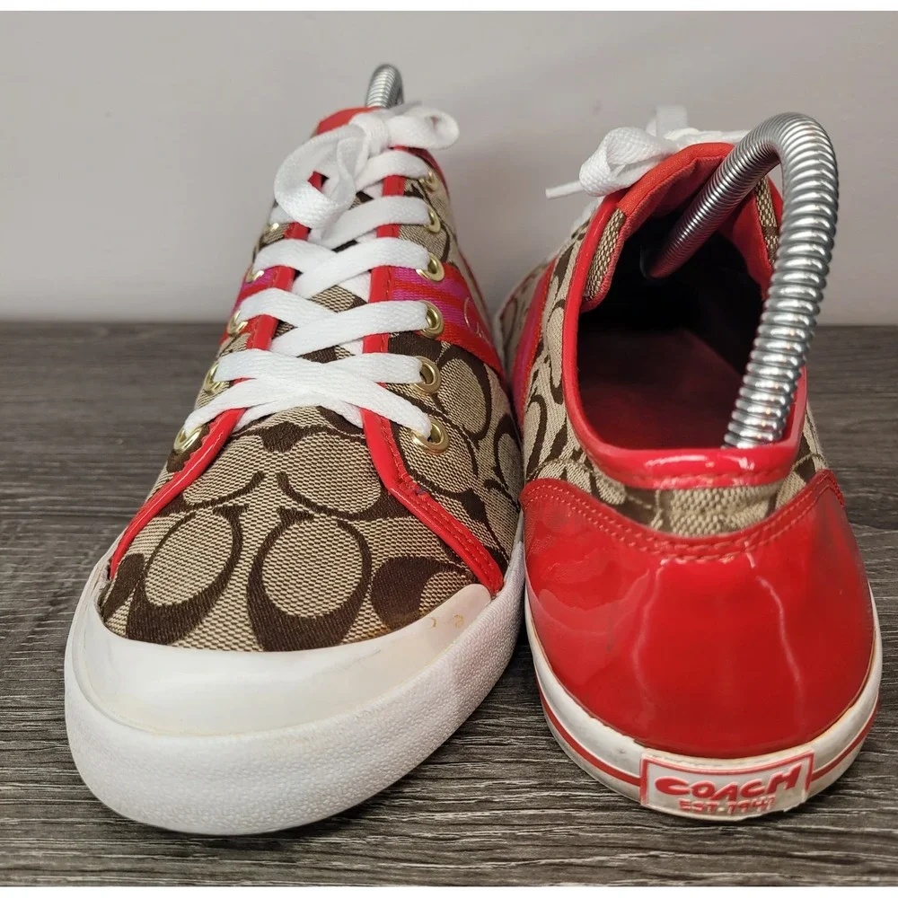 COACH Folly Womens 8.5 B Signature C Canvas Red Patent Trim Sneakers Q1024